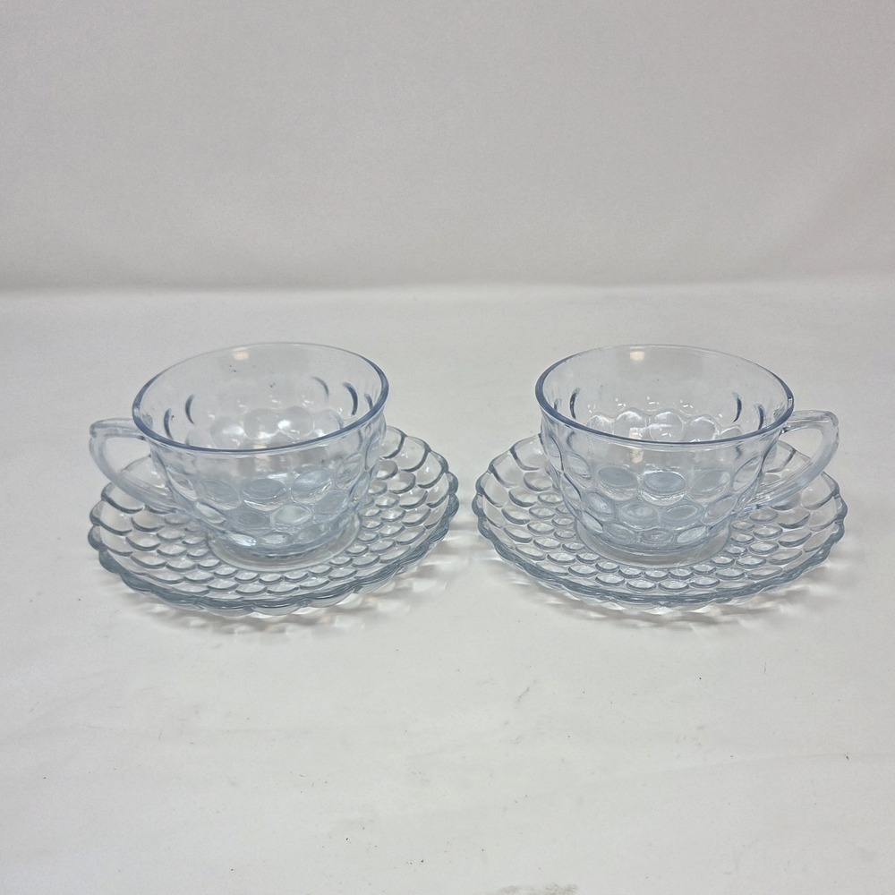 Anchor Hocking Bubble Sapphire Blue Depression Glass Cup Saucer Set of 2 Pairs